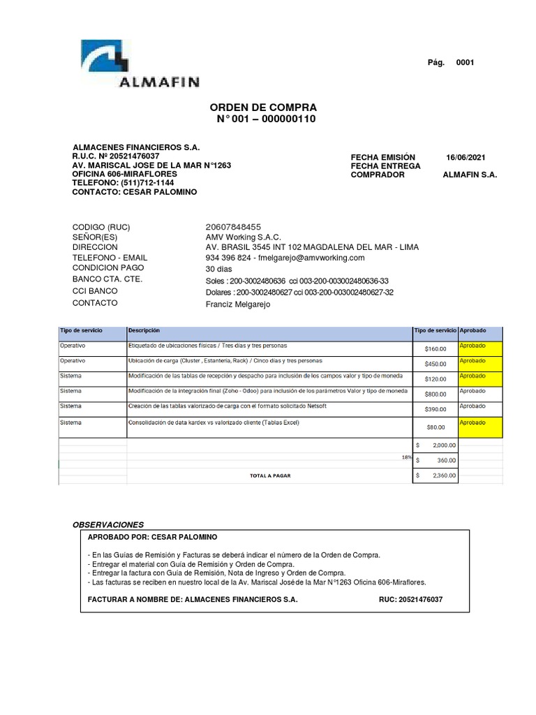 Orden de Compra N° 001 - Almacenes Financieros | PDF | Finanzas y dinero