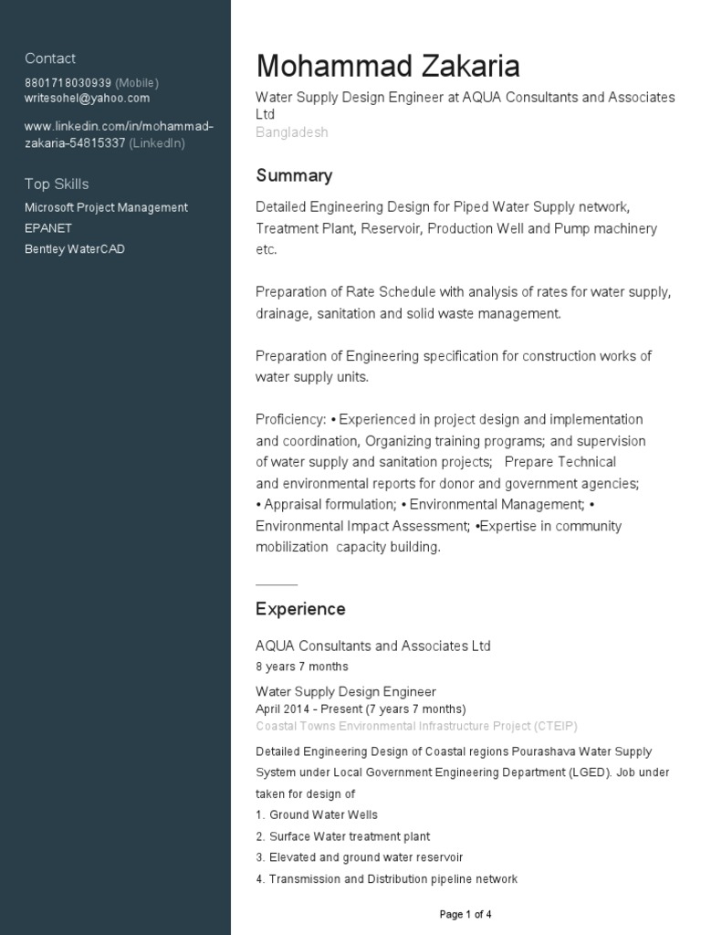 Mohammad Zakaria Water Supply Design Engineer MSC 20 Yr Exp