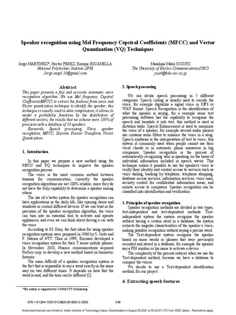 Speaker Recognition Using Mel Frequency Cepstral Coefficients (MFCC ...