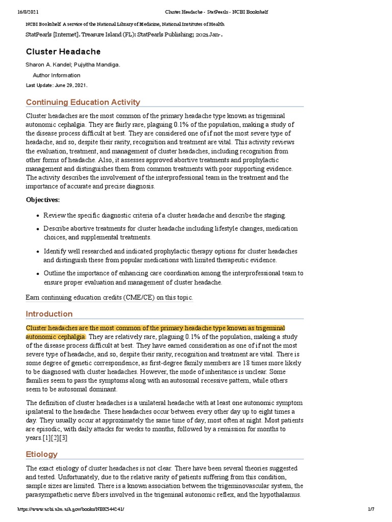 Cluster Headache StatPearls NCBI Bookshelf Descargar gratis PDF