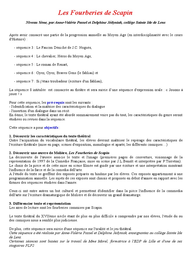 Les Fourberies De Scapin Appartient Au Genre De La Les Fourberies de Scapin Progression | PDF | Divertissement