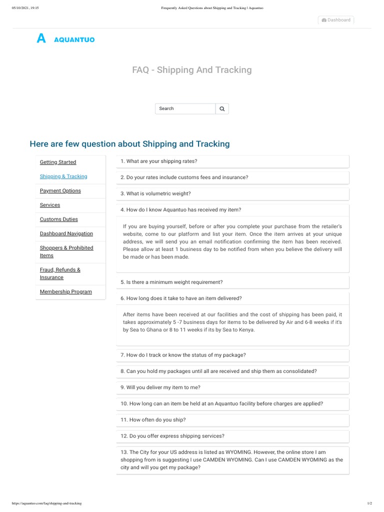 Frequently Asked Questions About Shipping and Tracking - Aquantuo | PDF ...