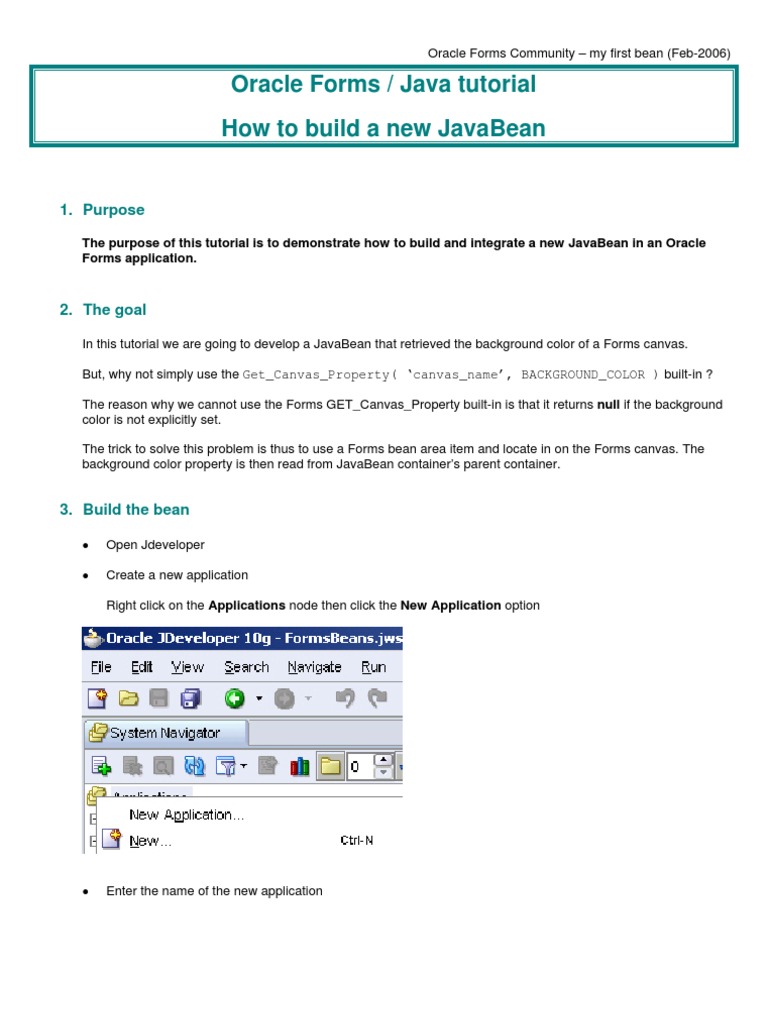Oracle Forms / Java Tutorial How To Build A New Javabean 1. Purpose PDF Java (Programming