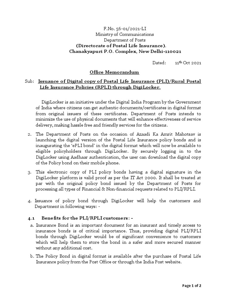(Directorate of Postal Life Insurance) Chanakyapuri P.O. Complex, New