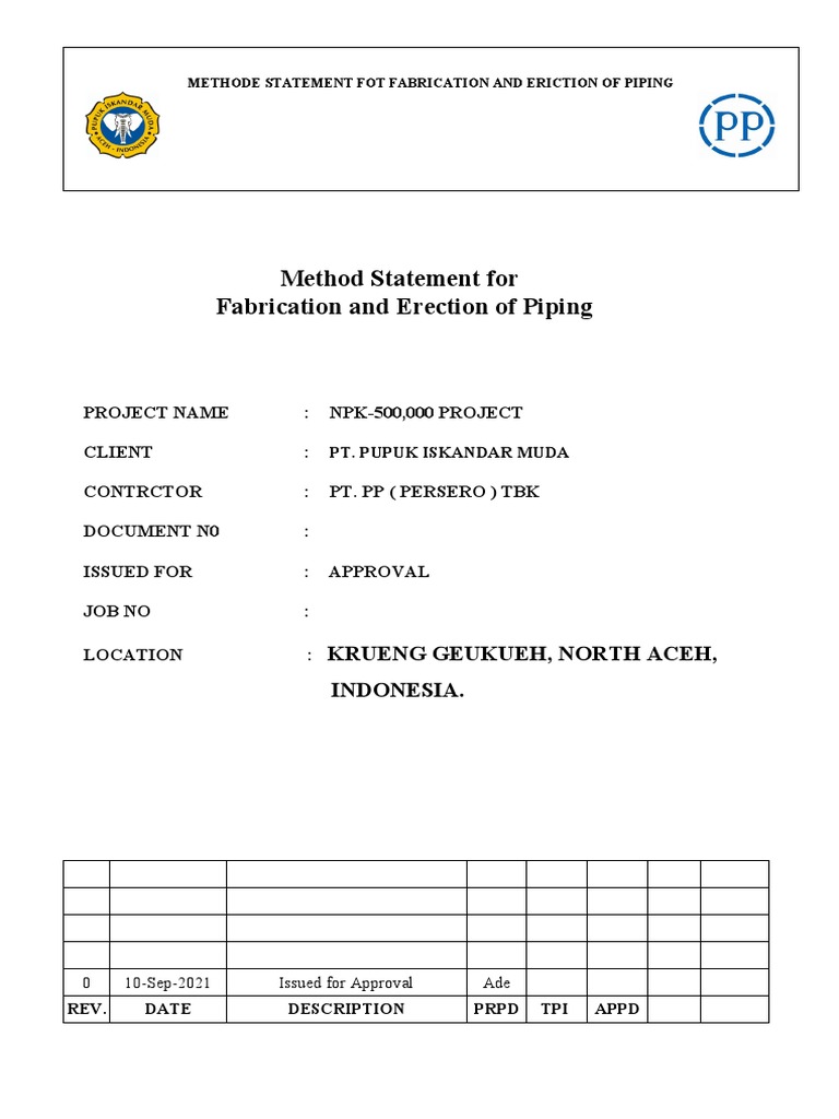 Piping Fabrication and Erection Method Statement | PDF | Pipe (Fluid ...