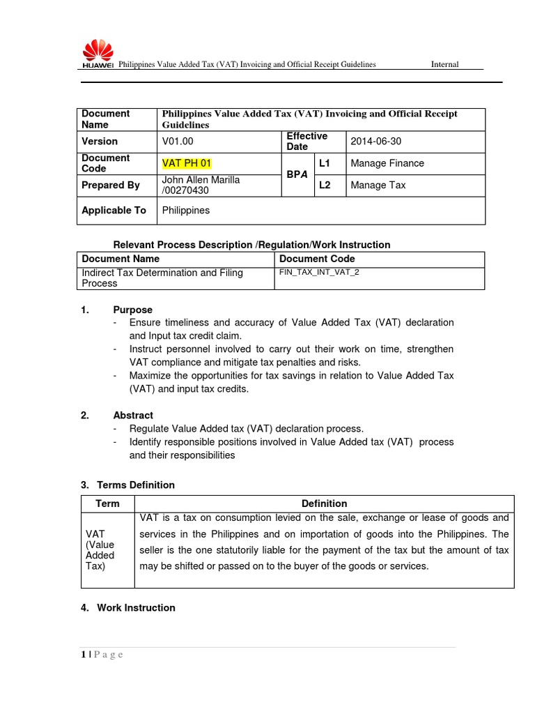 Philippines Value Added Tax (VAT) Invoicing and Official Receipt ...