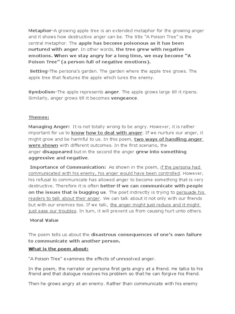 A Poison Tree Notes | PDF | Anger | Psychology