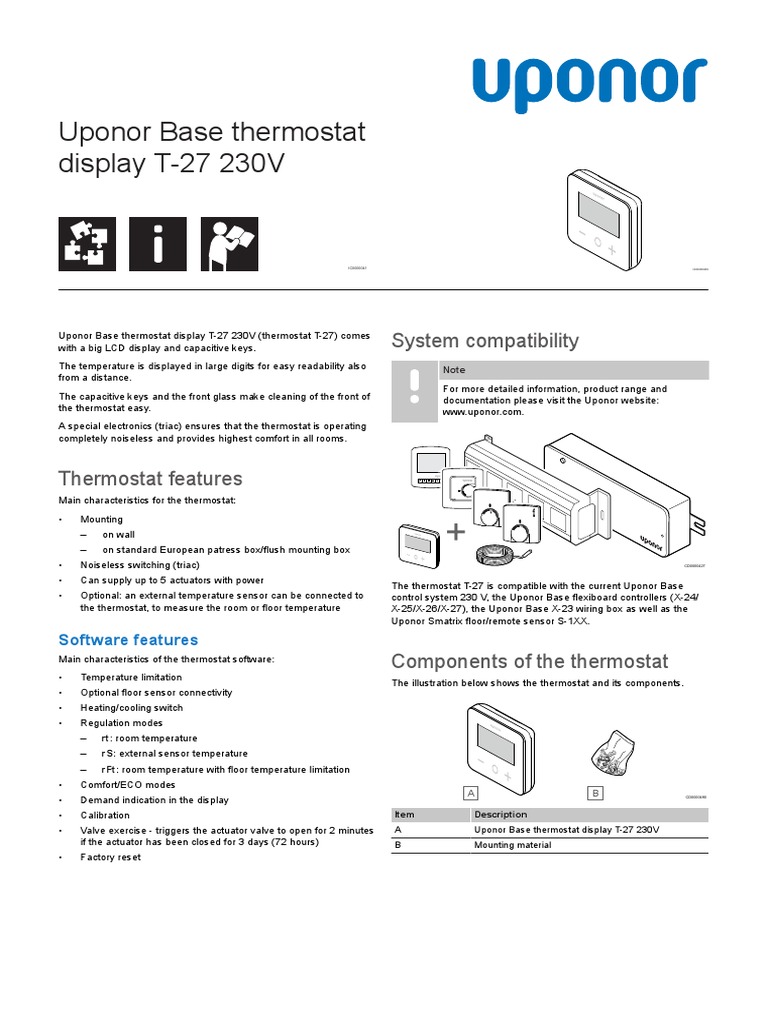 Uponor PI Base Thermostat Display T27 230V EN 1121209 v2 202108 PDF