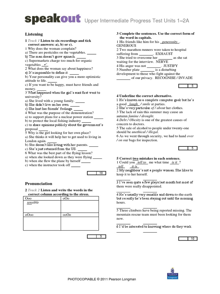 Upper Intermediate Progress Test Units 1 Intermediate Progress Test ...