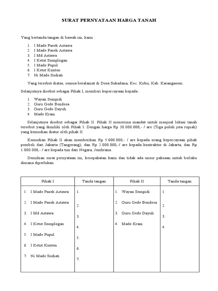 Surat Pernyataan Harga Tanah