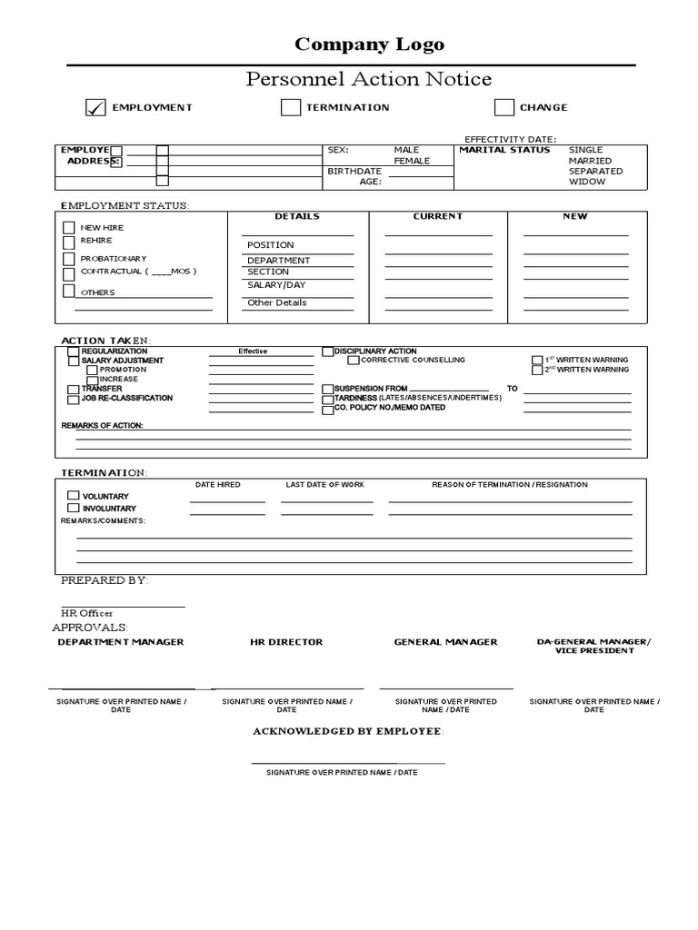 Personnel Action Notice PDF Labor Employment