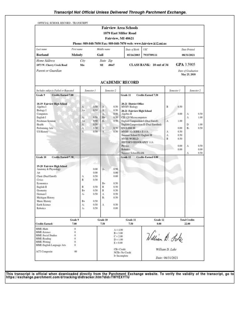 Transcript not official unless delivered through parchment exchange pdf