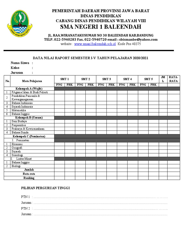 Data Nilai Rapor Siswa SMA 2020/2021 | PDF