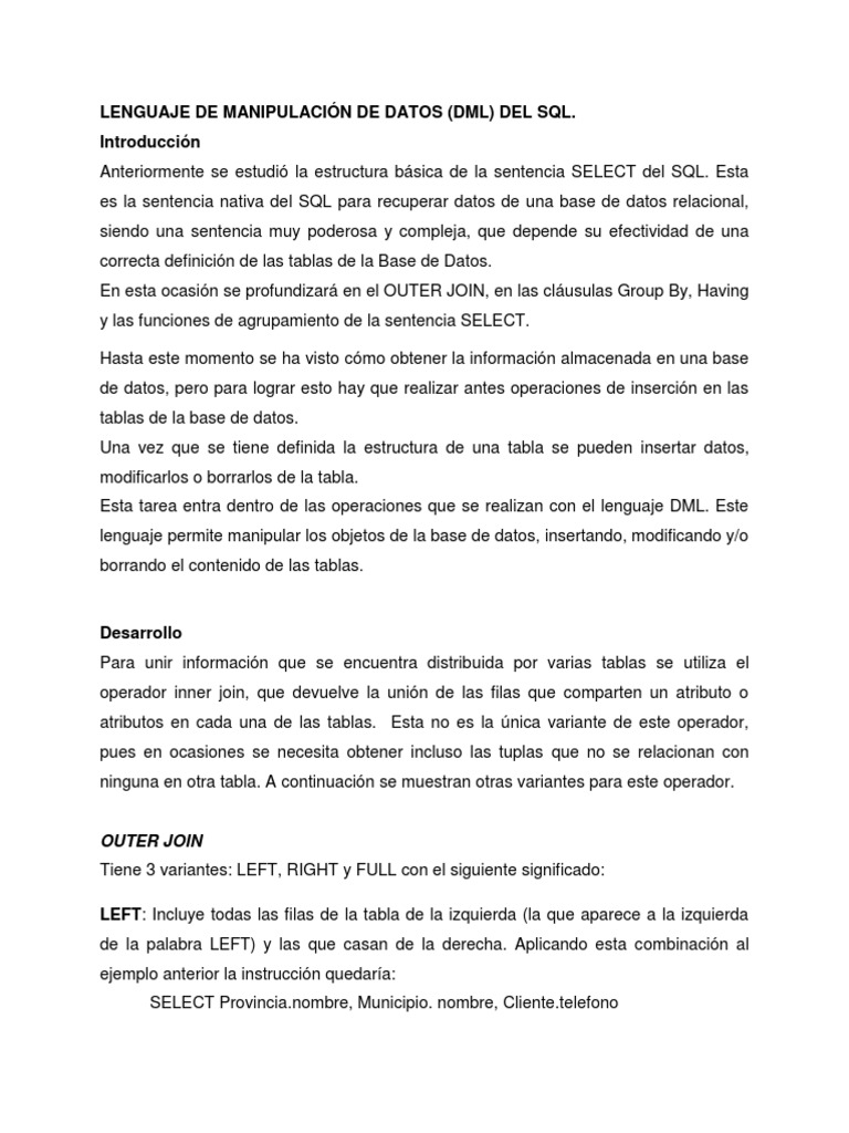 DML en SQL: JOINs y Funciones Agregadas | PDF | SQL | Bases de datos