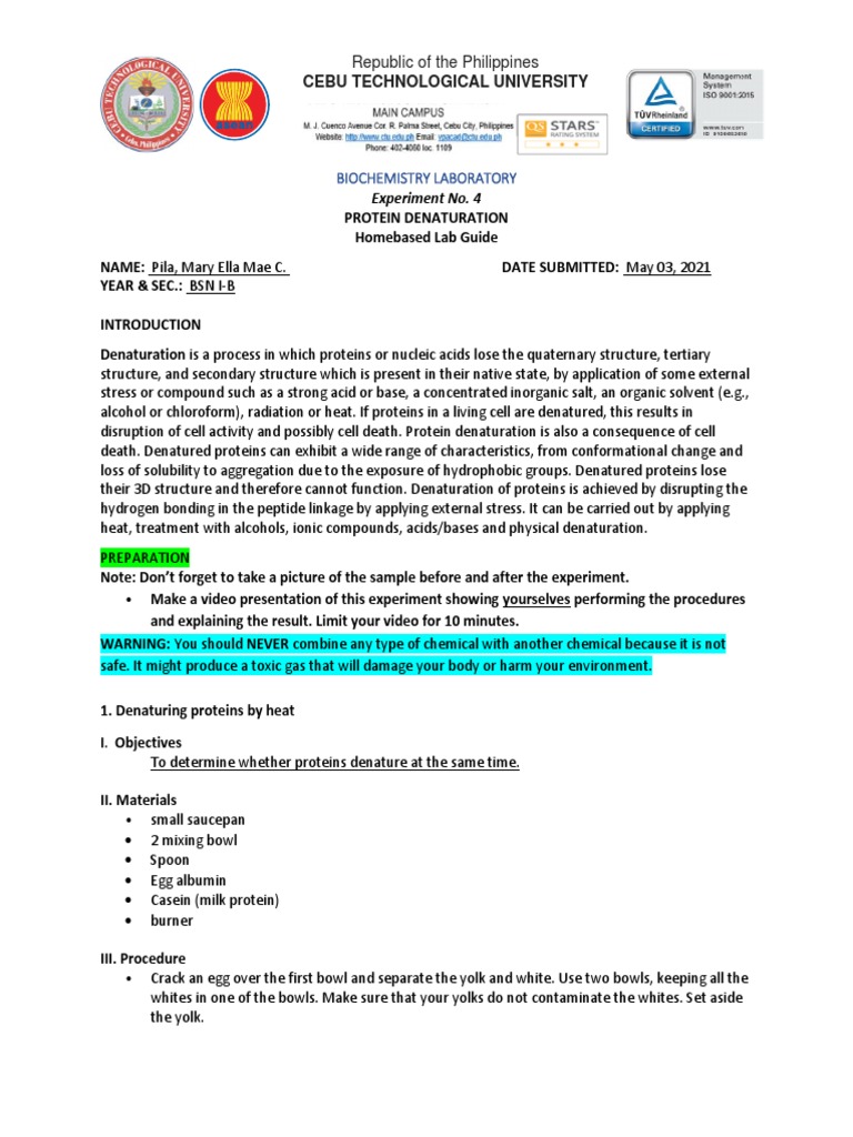 Expt. 4 Protein Denaturation PDF Denaturation (Biochemistry) Proteins