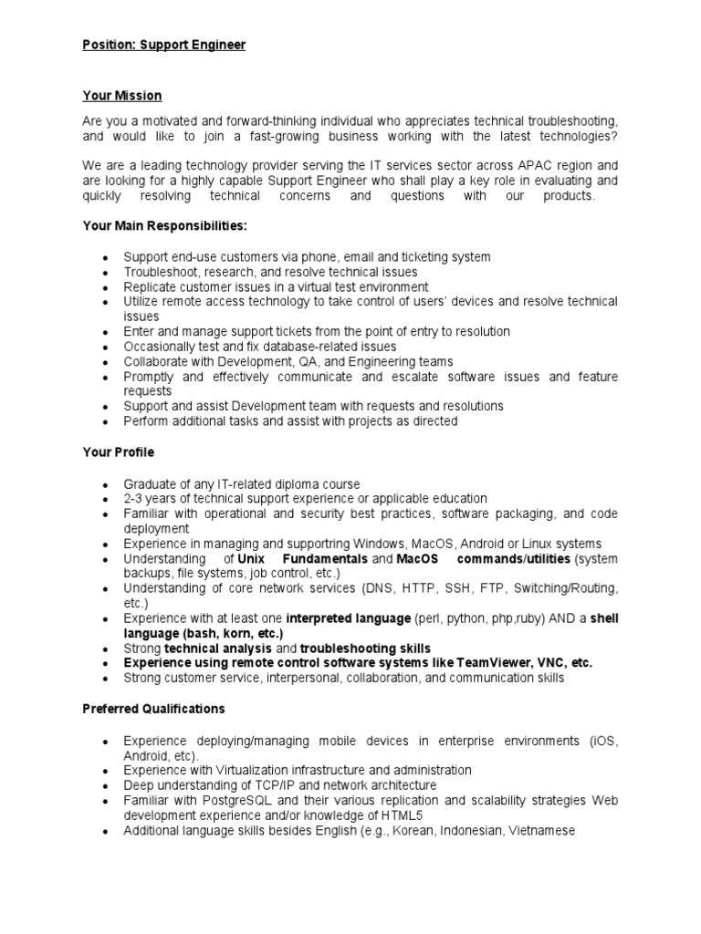 Support Engineer Job Description | PDF | Computer Network | Software ...