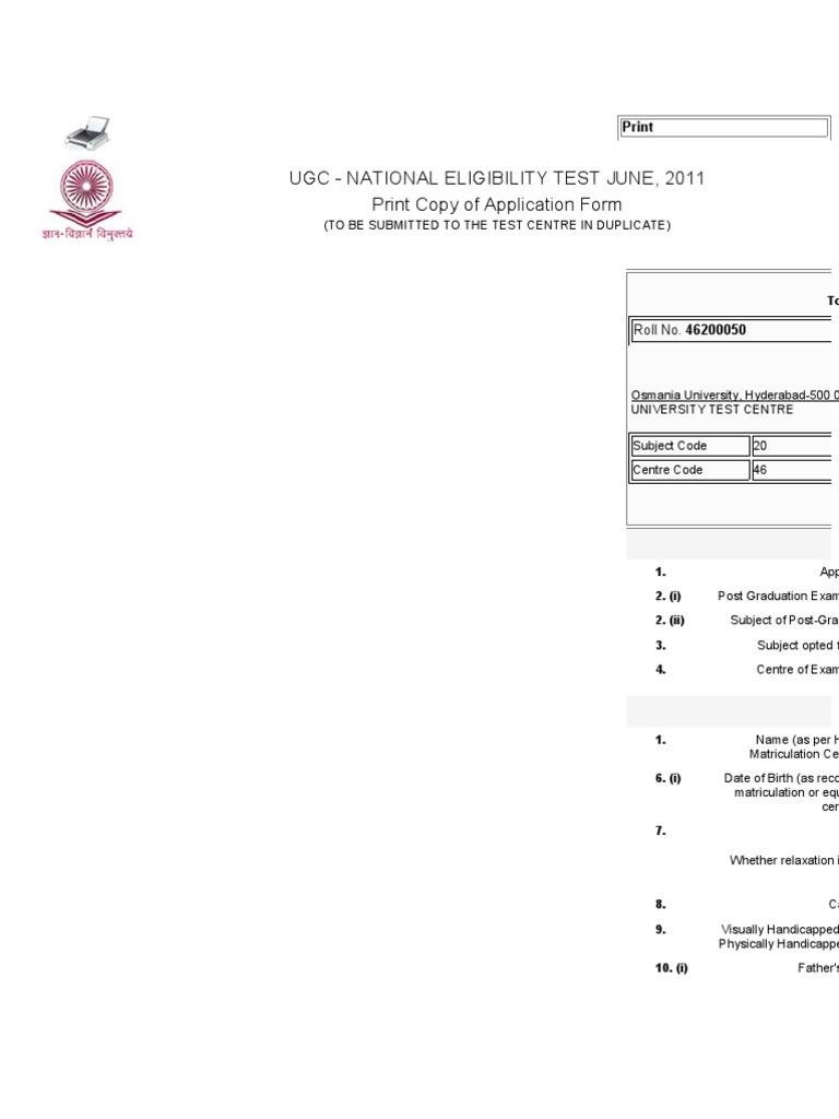 UGC NET June 2011 Application Form | PDF
