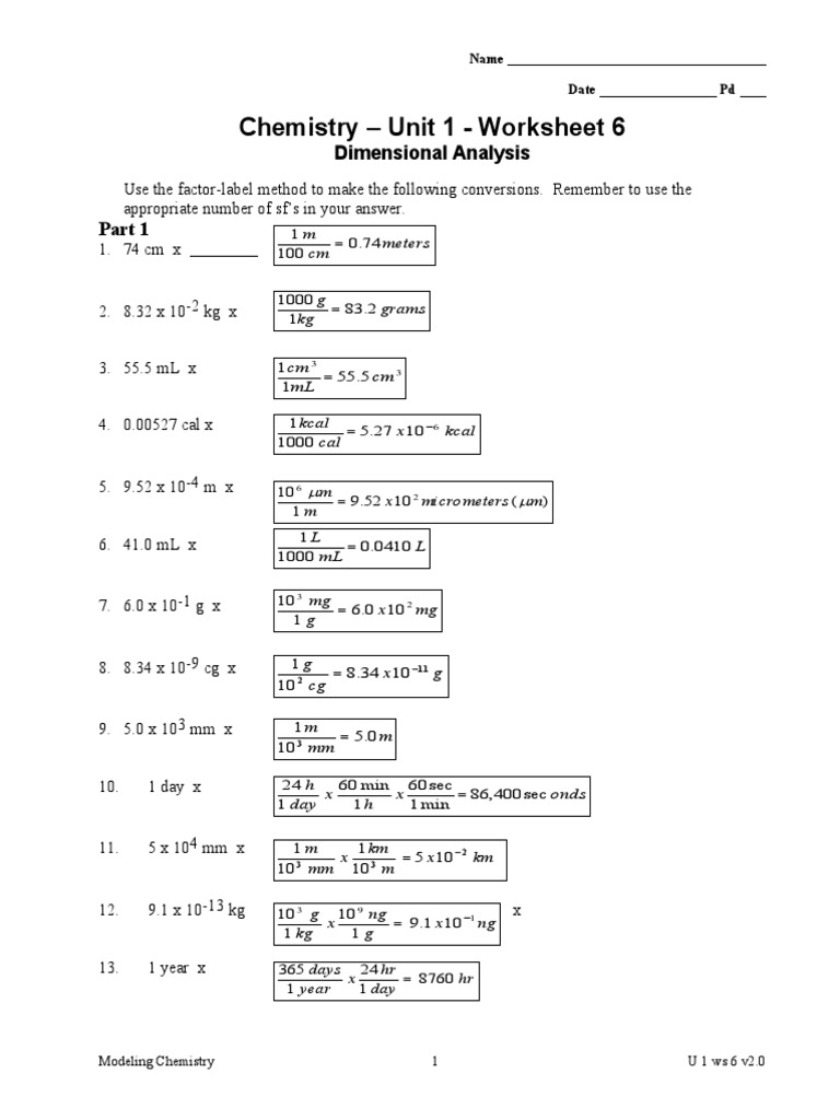 Chemistry Unit 1 Worksheet 6 Dimensional Analysis PDF Teaspoon Volume