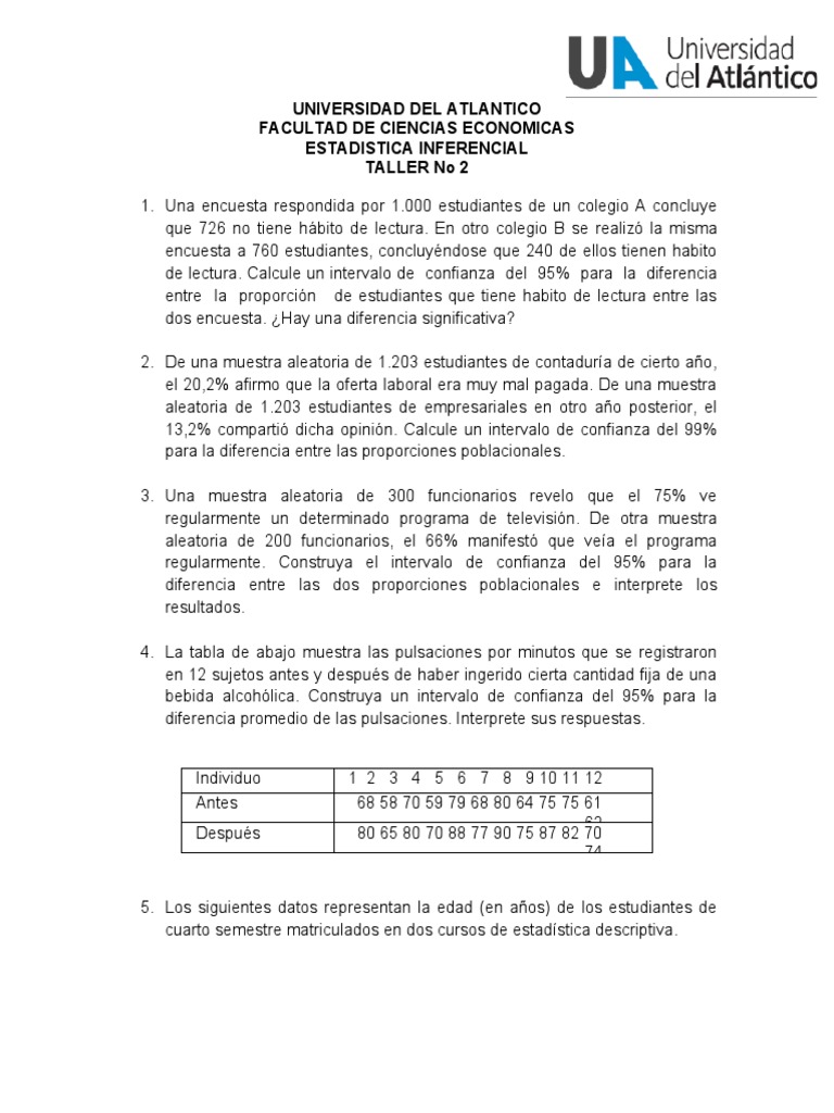 Taller Intervalos De Confianza Estadistica Inferencial Pdf