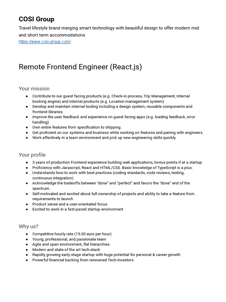 Remote Frontend Engineer at COSI Group | PDF | Business | Art