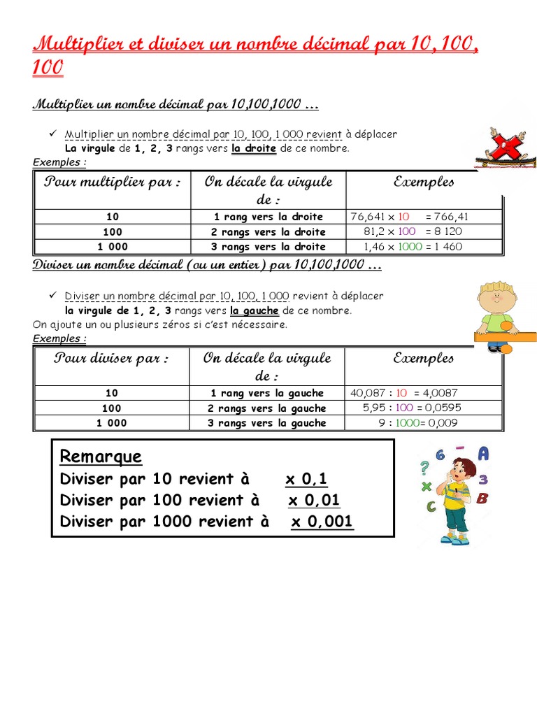 Multiplier Par 10 100 Ou 1000 Cm1 Lmultiplier Et Diviser Un Nombre Décimal Par 10 100 Et 1000 - Leçon | PDF