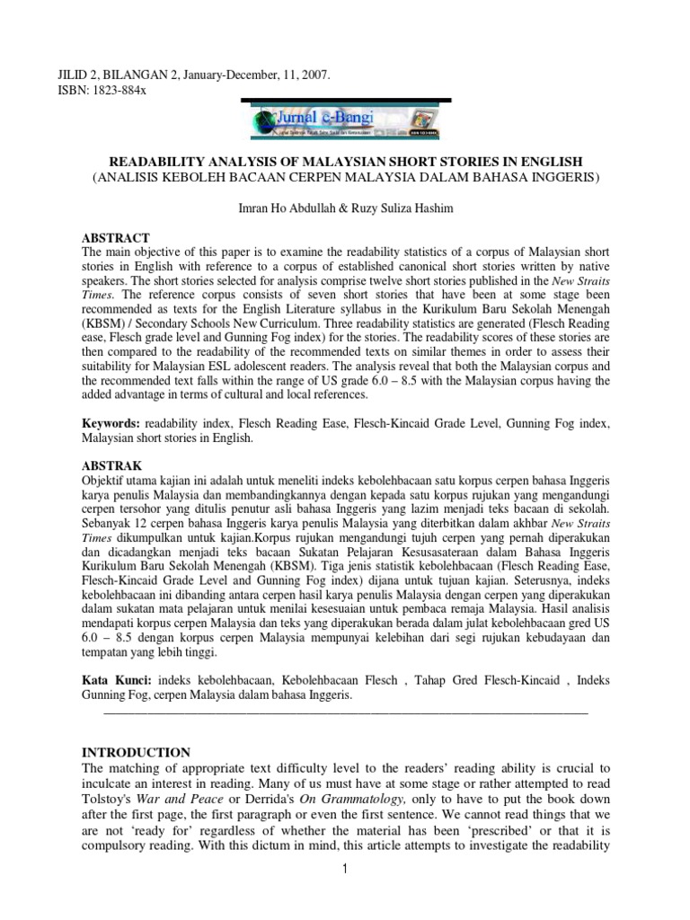 Readability Analysis of Malaysian Short Stories in English | PDF ...