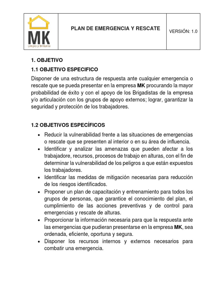 Objetivos del Plan de Emergencia y Rescate | PDF | Andamio