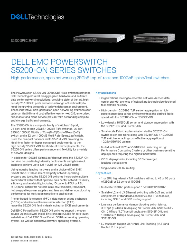 Dell Emc Powerswitch S5200-On Series Switches | PDF | I Pv6 | Computer  Network