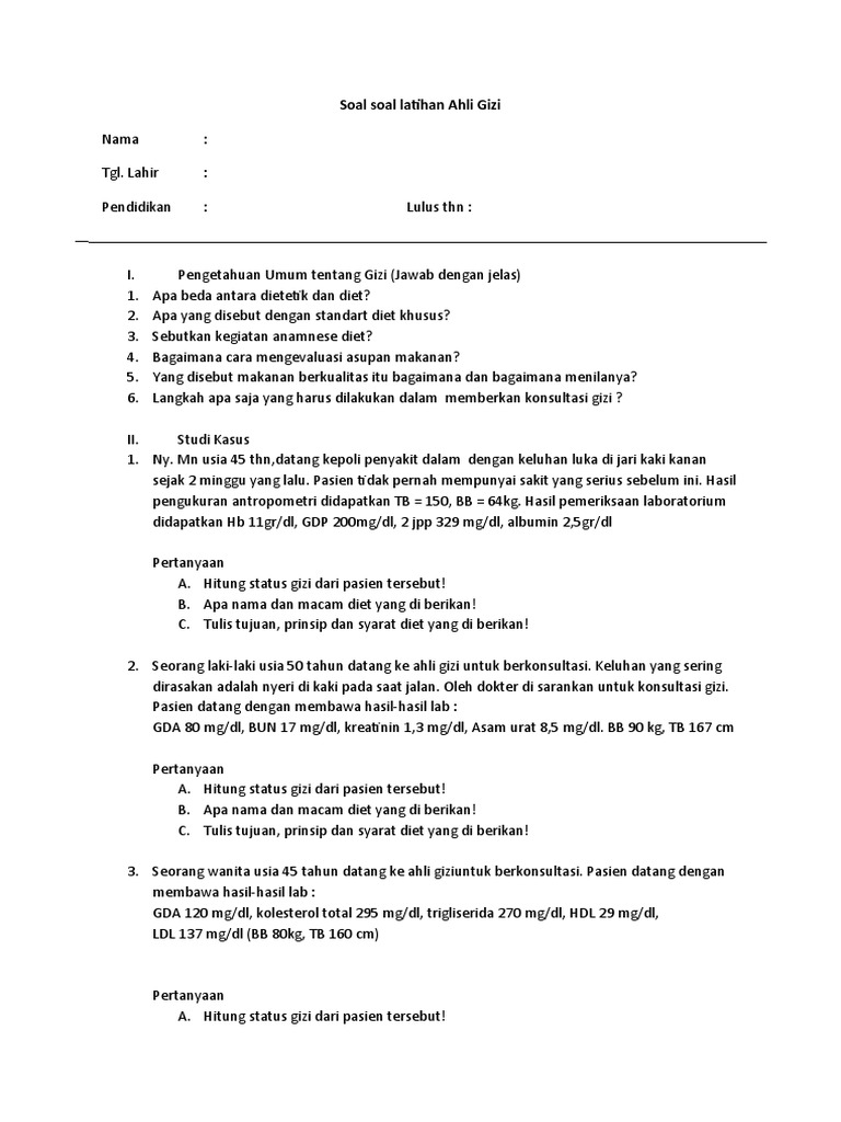 Soal Soal Latihan Ahli Gizi