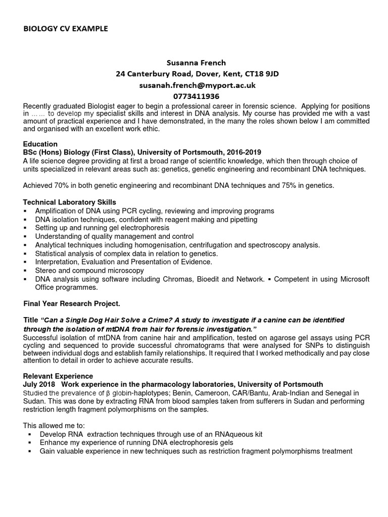 Biology CV Example: Education BSC (Hons) Biology (First Class ...