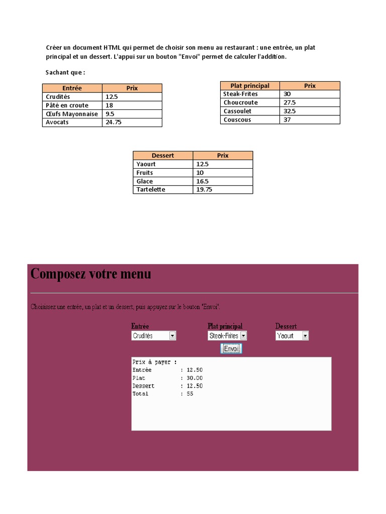Menu restaurant interactif avec addition | PDF