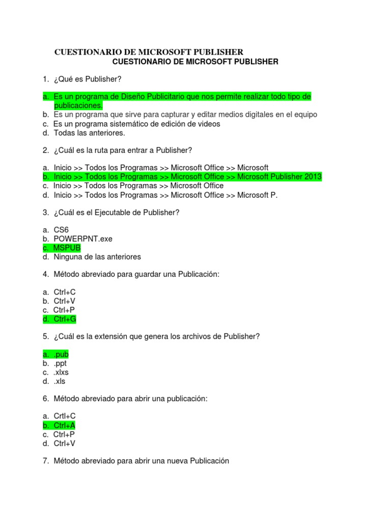 Cuestionario de Microsoft Publisher 2021 | PDF | Microsoft | Software