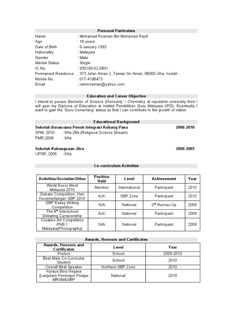 Resume For Spm Leavers Pdf Communication Behavior Modification