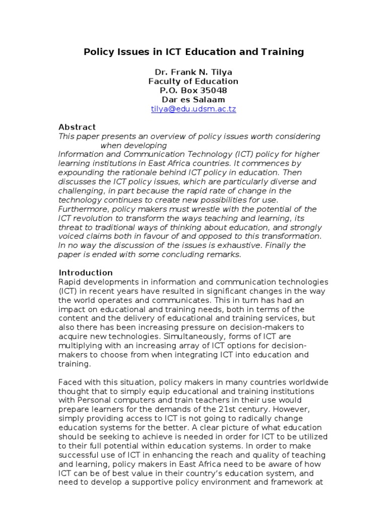 Policy Issues in ICT Education and Training | PDF | Educational ...