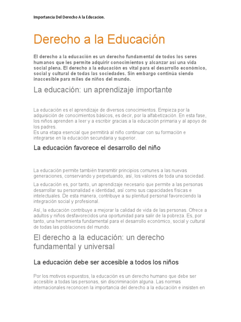Importancia del Derecho a la Educación | PDF