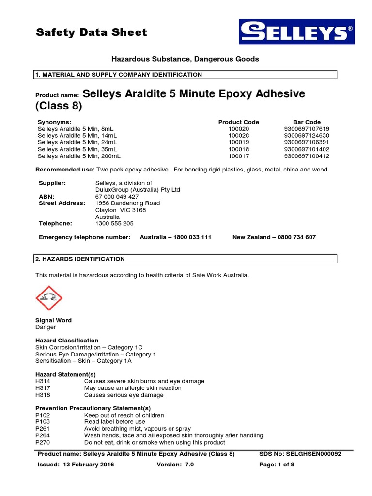 Selleys Araldite 5 Minute Epoxy Adhesive Part AAus Ghs PDF