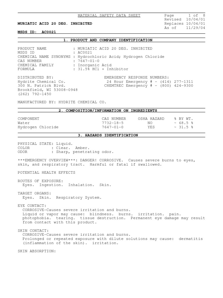 Muriatic Acid MSDS PDF Hydrochloric Acid Personal Protective
