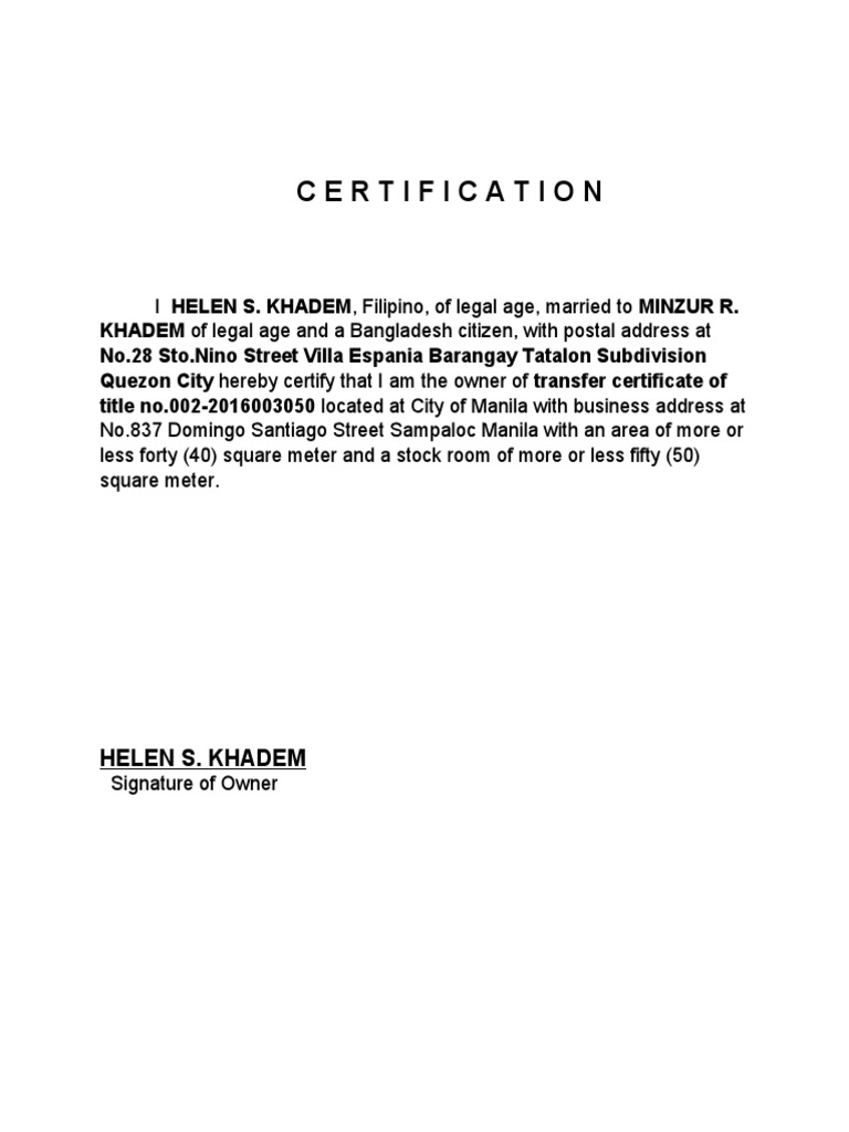 Certification of Property Ownership | PDF