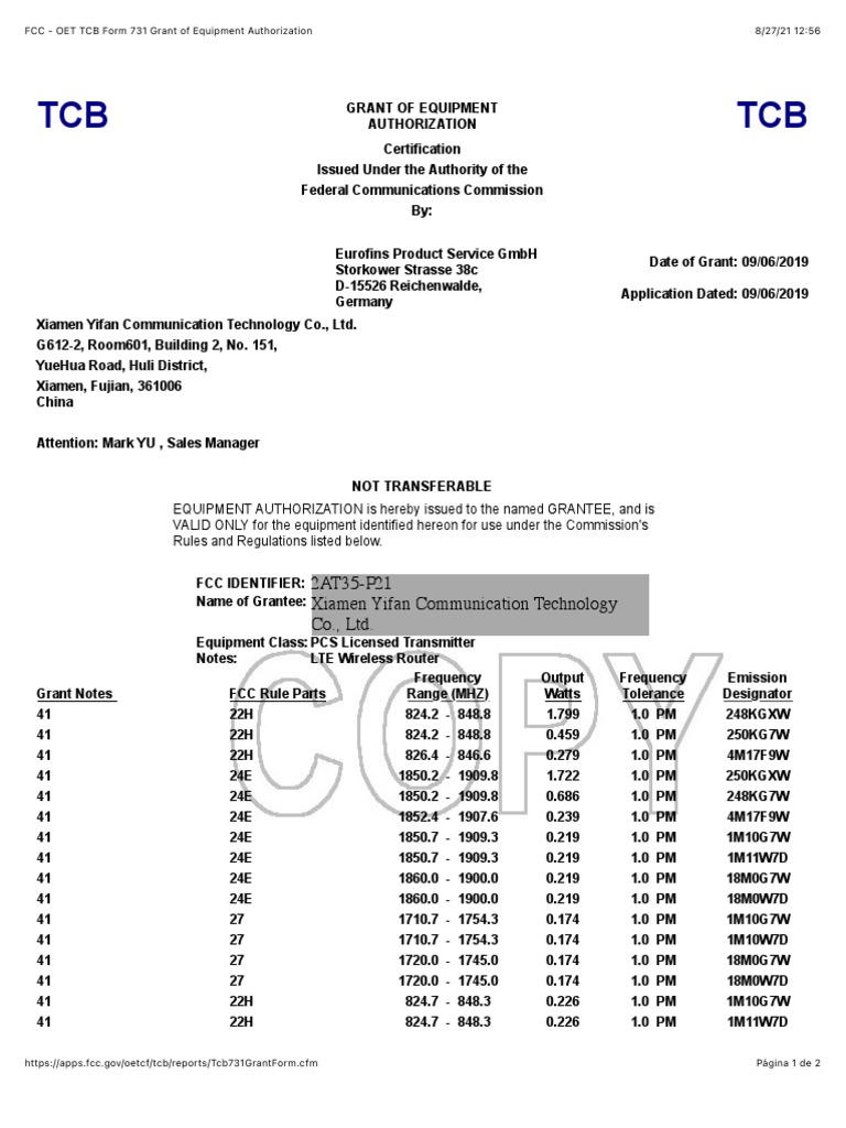 FCC OET TCB Form 731 Grant of Equipment Authorization PDF Federal Communications