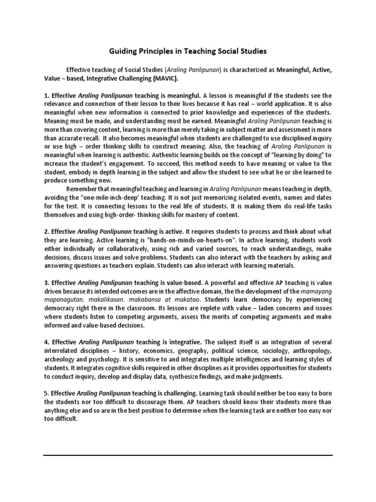Guiding Principles for Teaching Araling Panlipunan | PDF | Learning ...