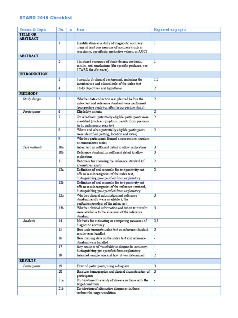 STARD 2015 Diagnostic Accuracy Checklist | PDF | Accuracy And Precision ...