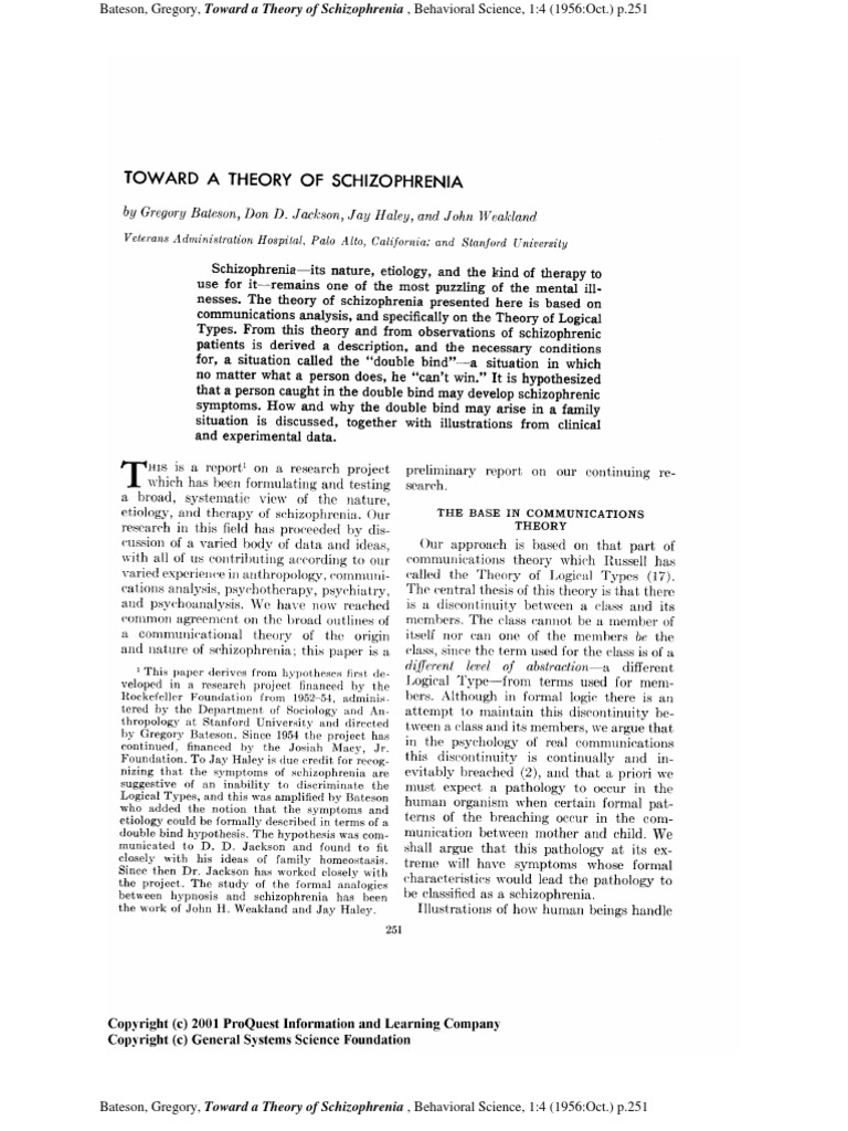 Bateson's 1956 Schizophrenia Theory | PDF