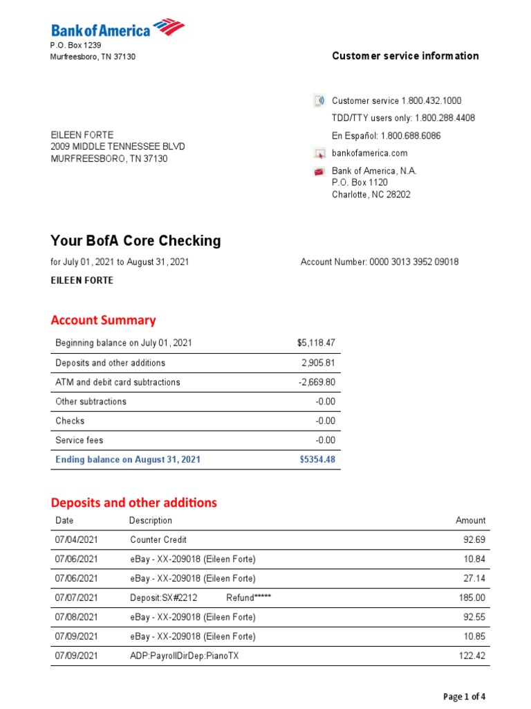 Your Bofa Core Checking Account Summary PDF