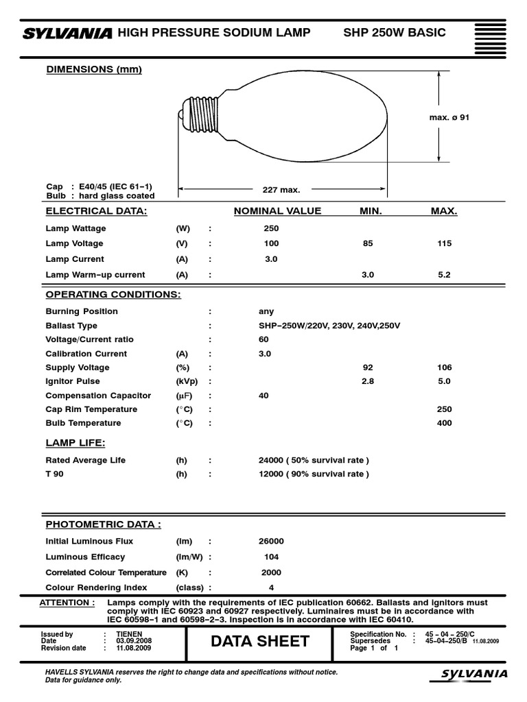 High Pressure Sodium Lamp SHP 250W Basic Data Sheet PDF Light