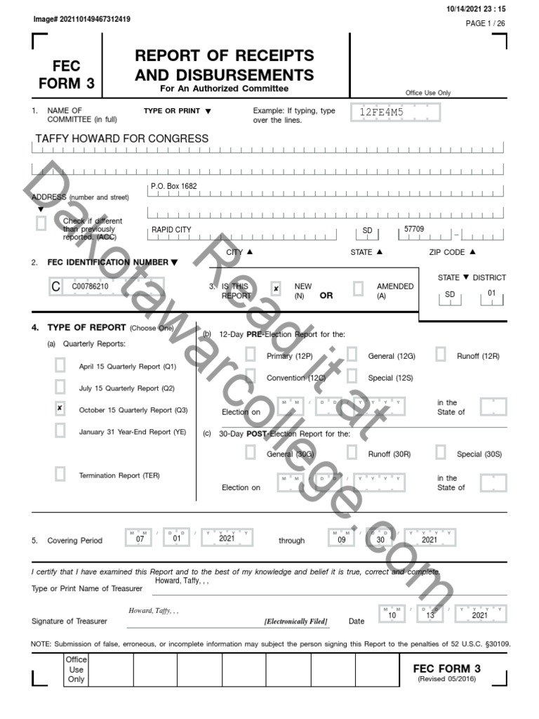 Taffy Howard 2021 3q FEC PDF Political Action Committee Government