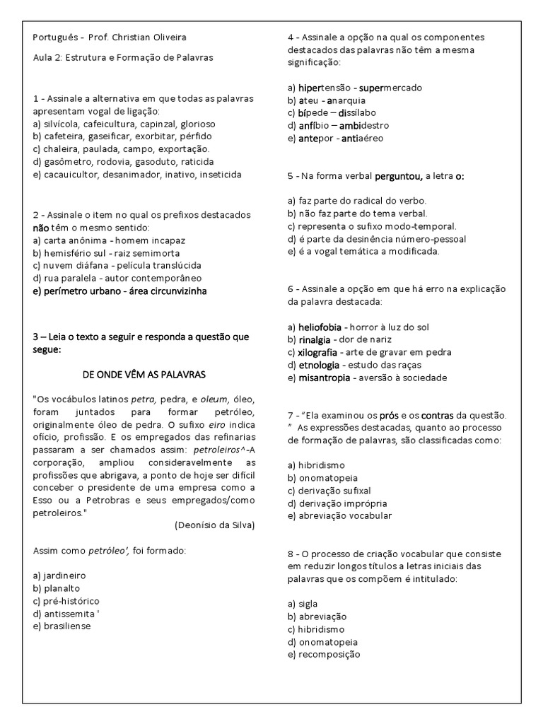 Exercícios de Português 2 | PDF | Sintaxe | Morfologia linguística