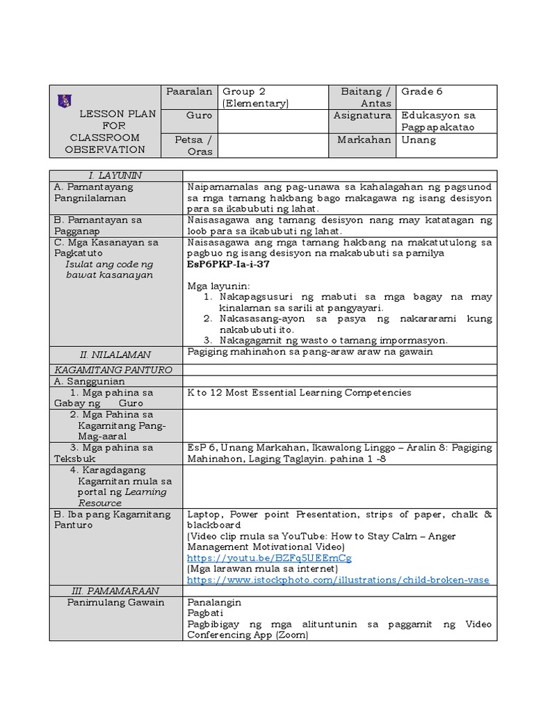 Group 2 - Elementary - Lesson Plan in EsP 6 | PDF