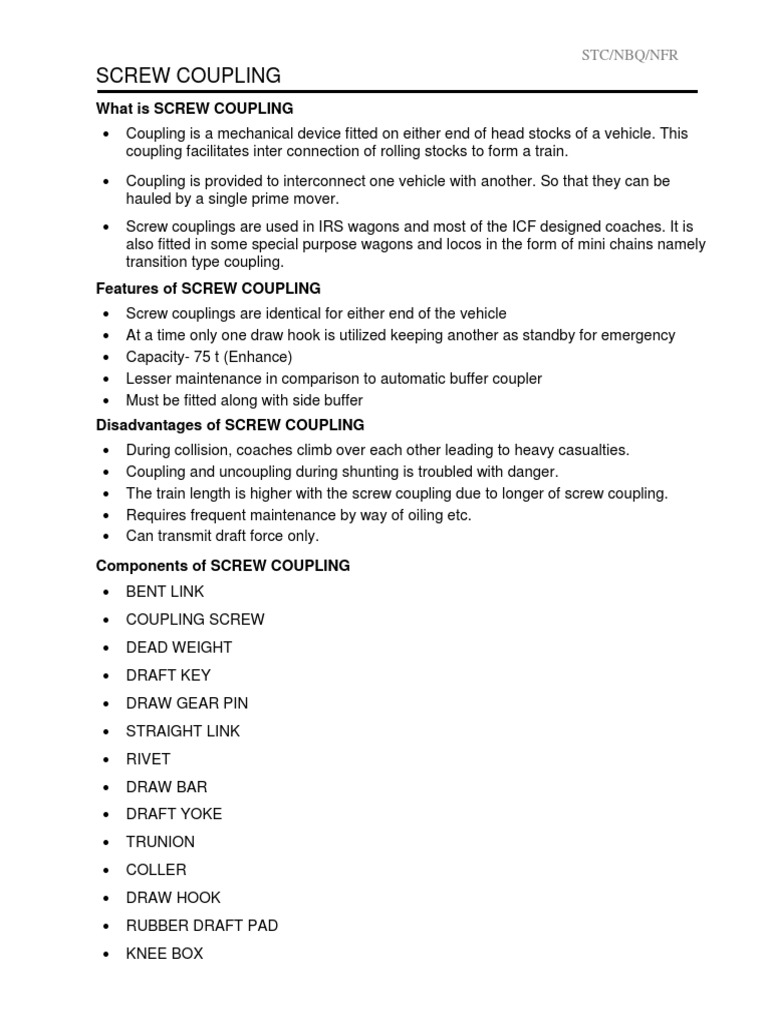 Screw Coupling in Indian Railways PDF Manufactured Goods