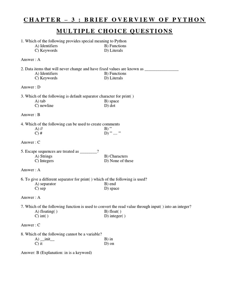 Chapter 3 brief overview of python multiple choice questions pdf