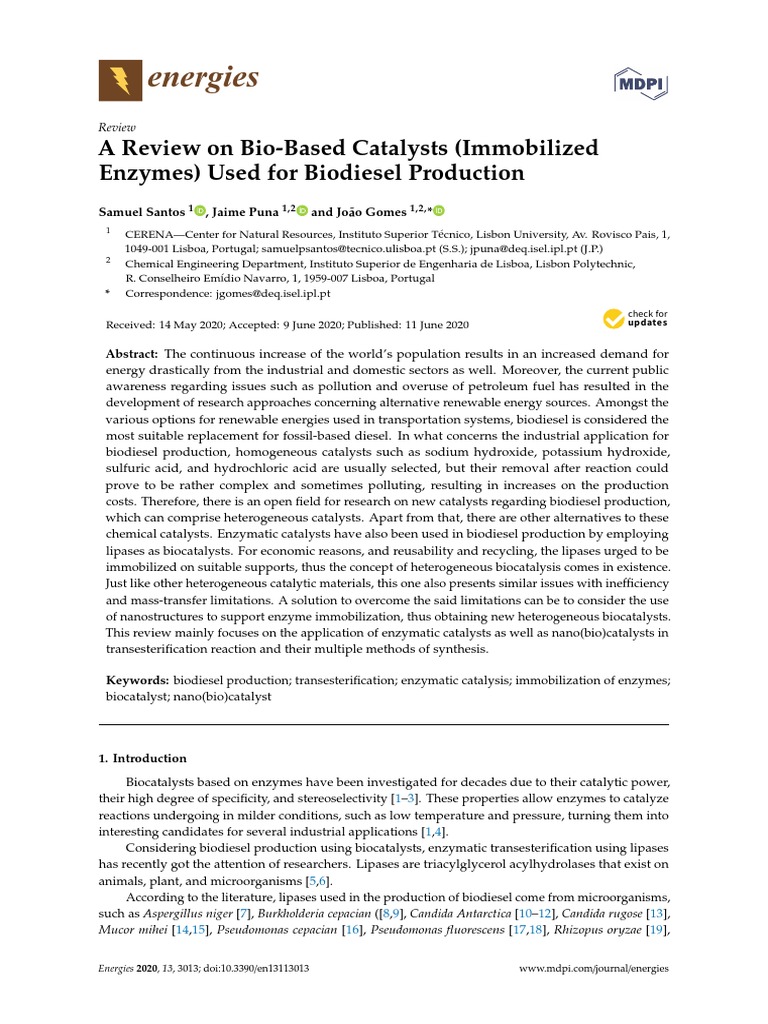 Energies A Review On BioBased Catalysts (Immobilized Enzymes) Used